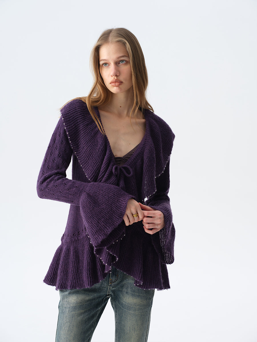 Dotyears Dual-Tone Cut-Out Long Cardigan with Ruffle Tie