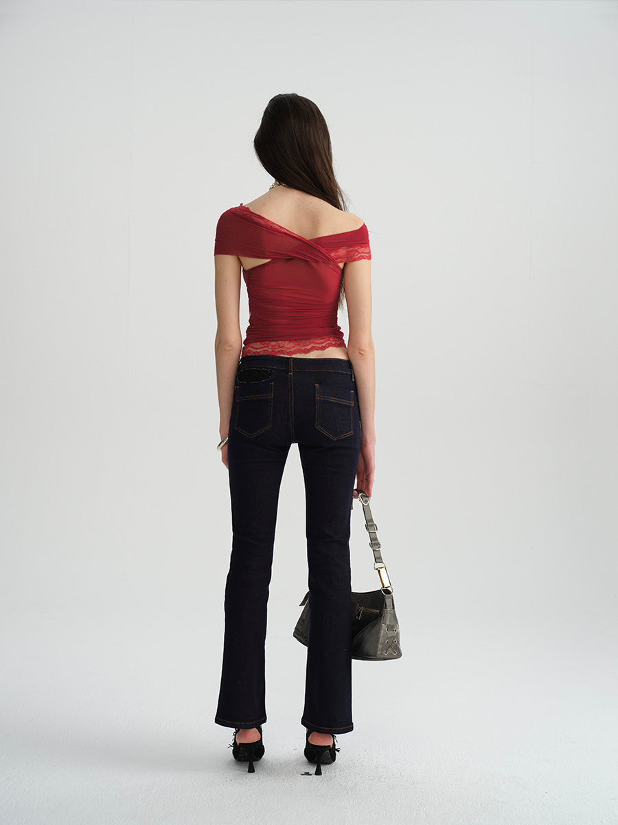 Dotyears Two-tone mesh and lace panelled crossover top