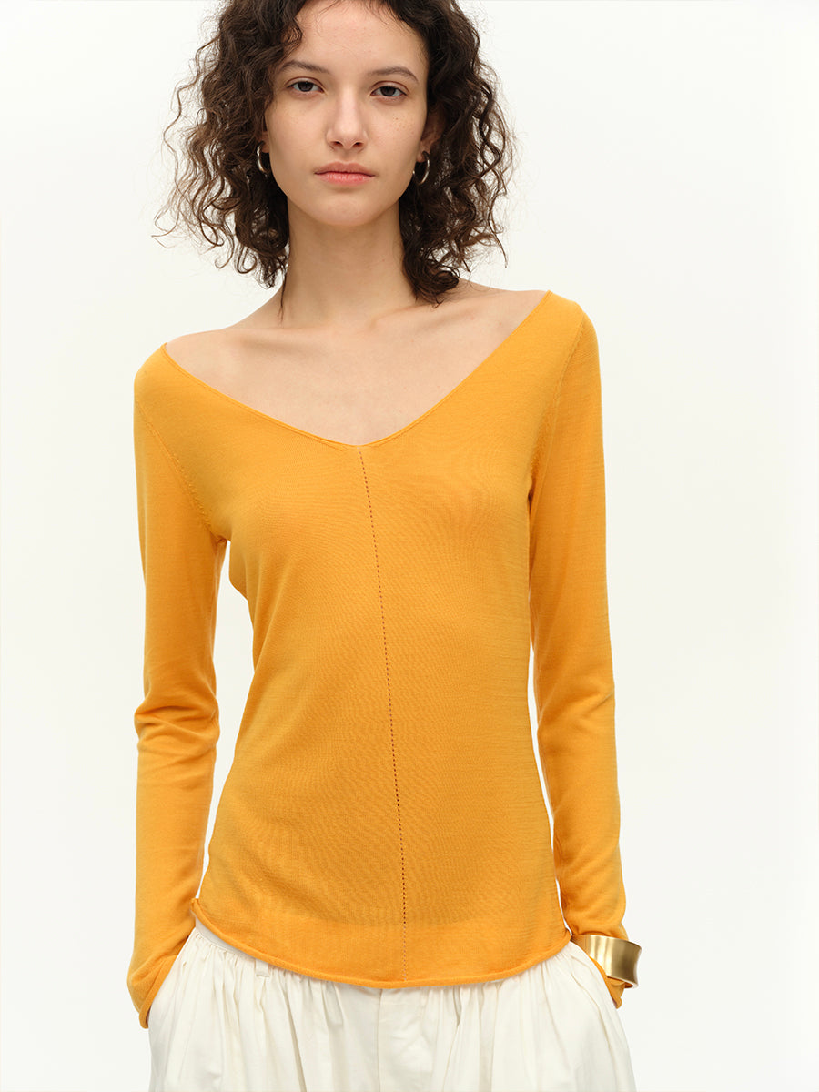 Hughum V-neck Tencel knit cut-out yellow black long sleeves