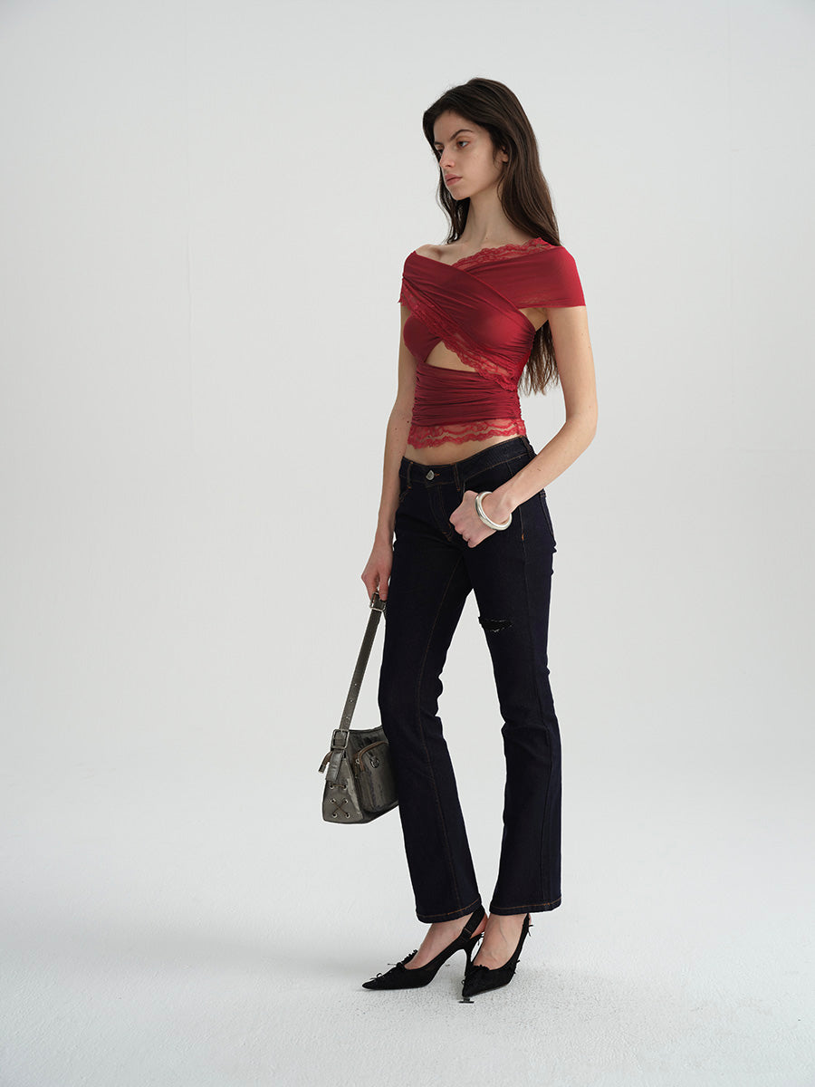 Dotyears Two-tone mesh and lace panelled crossover top