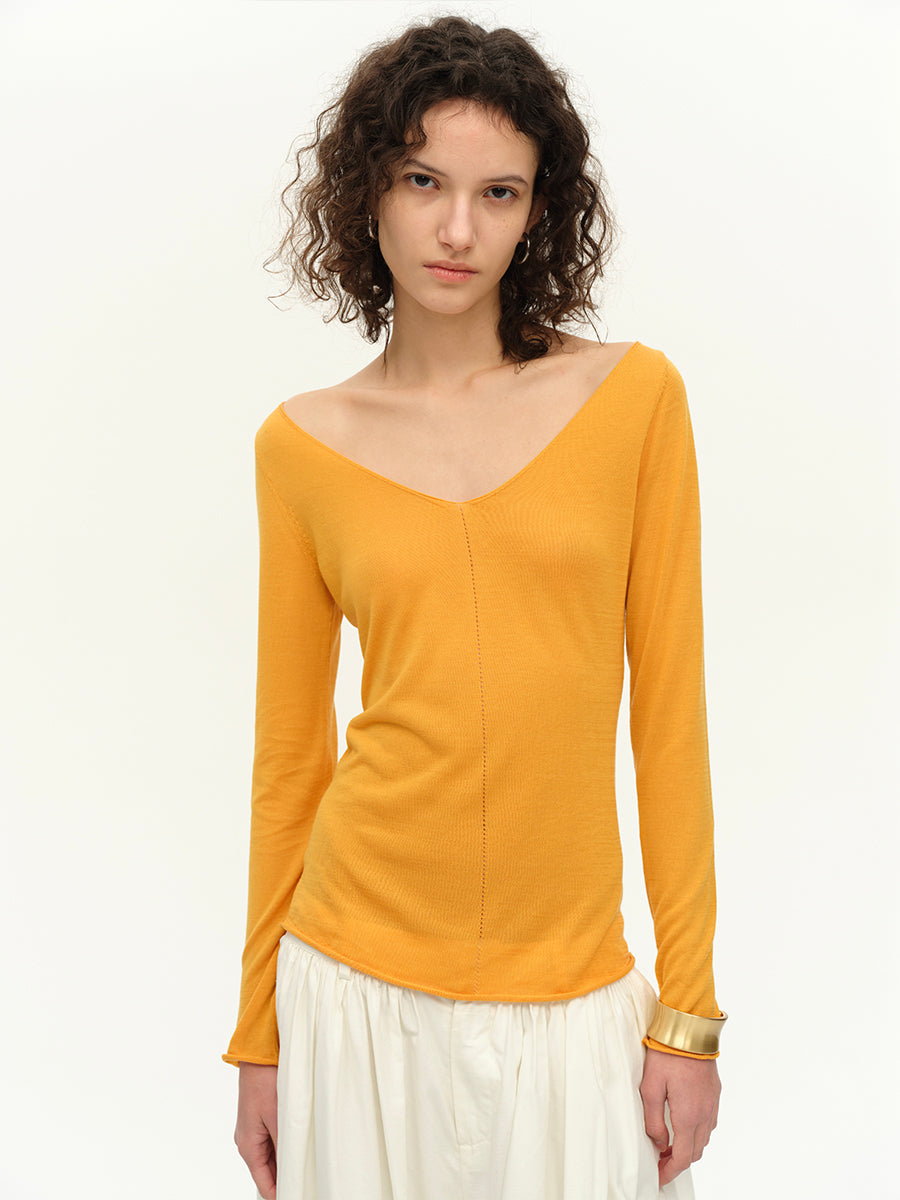 Hughum V-neck Tencel knit cut-out yellow black long sleeves