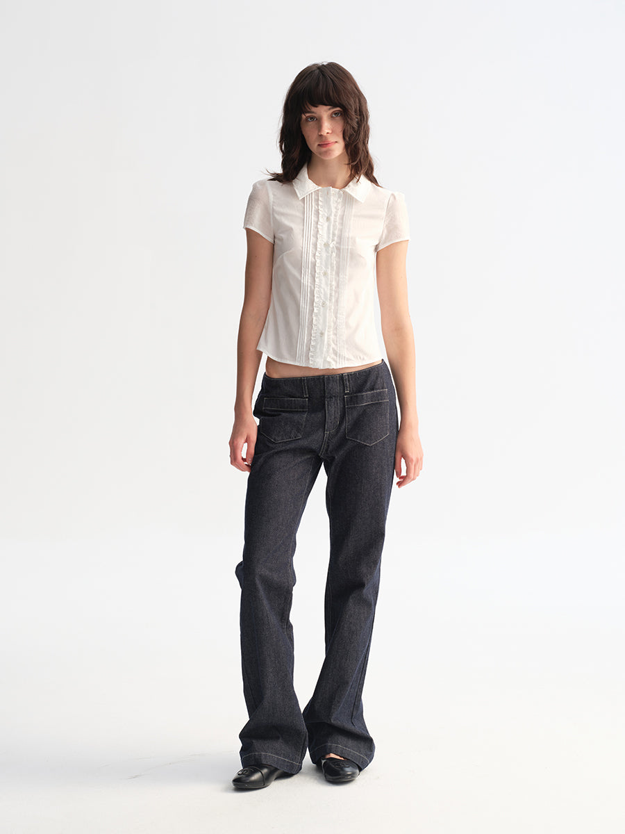Hughum White Ruffled Lace Short-Sleeve Shirt