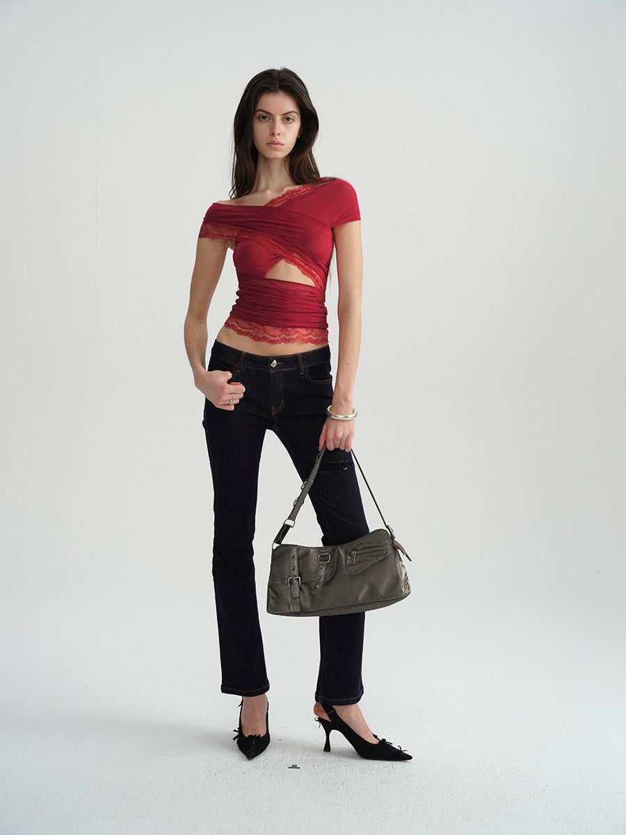 Dotyears Two-tone mesh and lace panelled crossover top