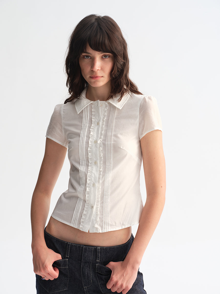 Hughum White Ruffled Lace Short-Sleeve Shirt