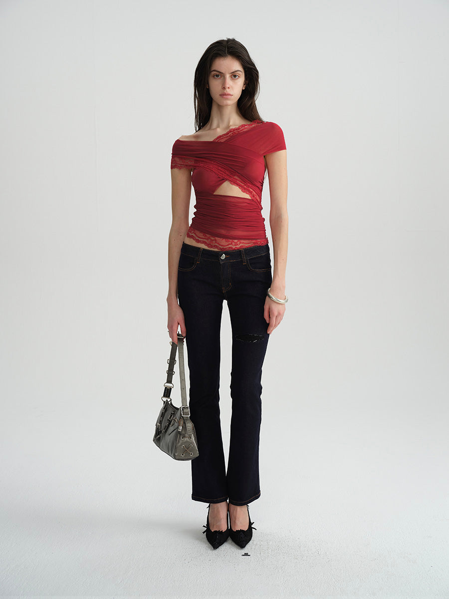 Dotyears Two-tone mesh and lace panelled crossover top