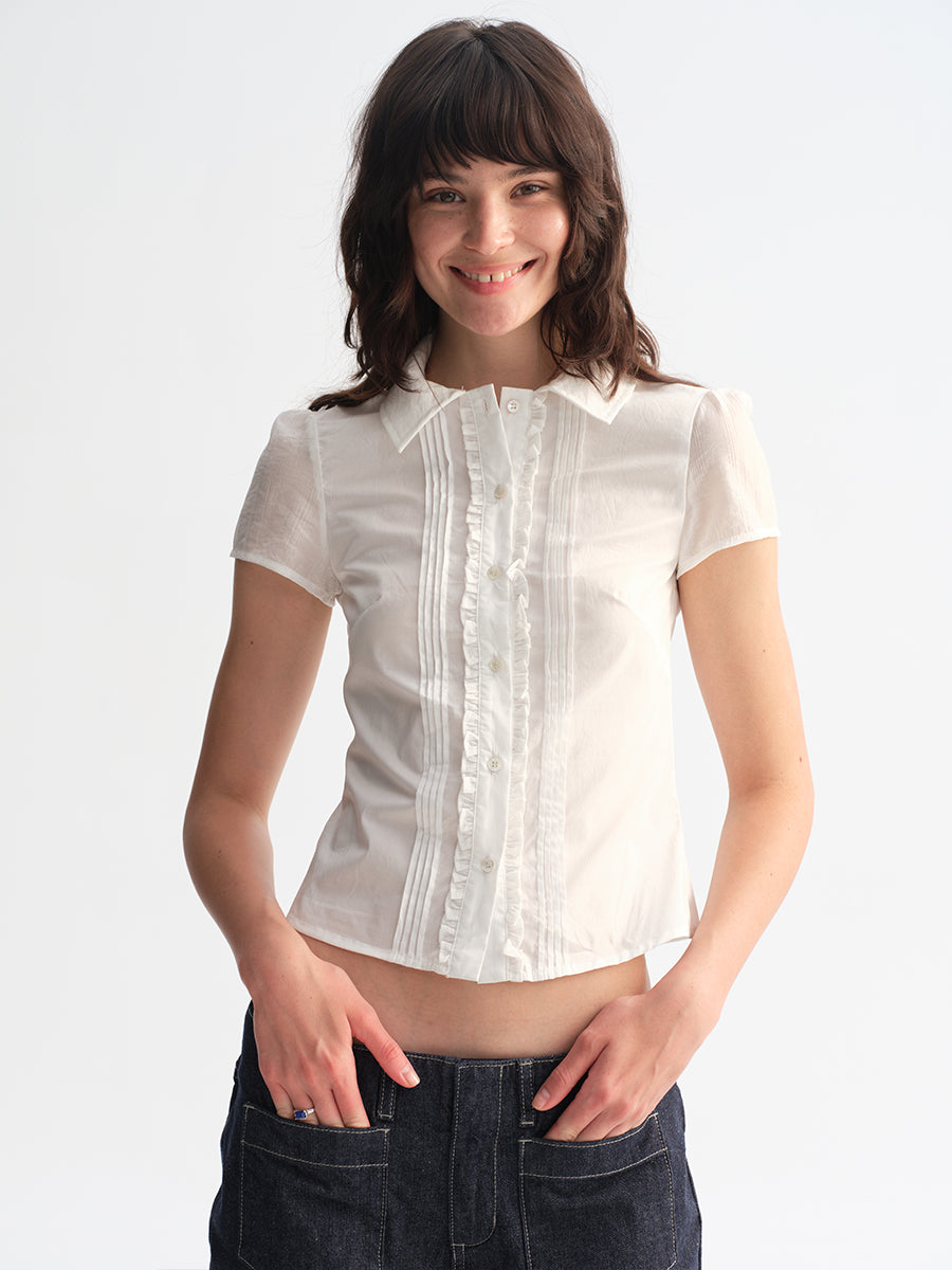 Hughum White Ruffled Lace Short-Sleeve Shirt