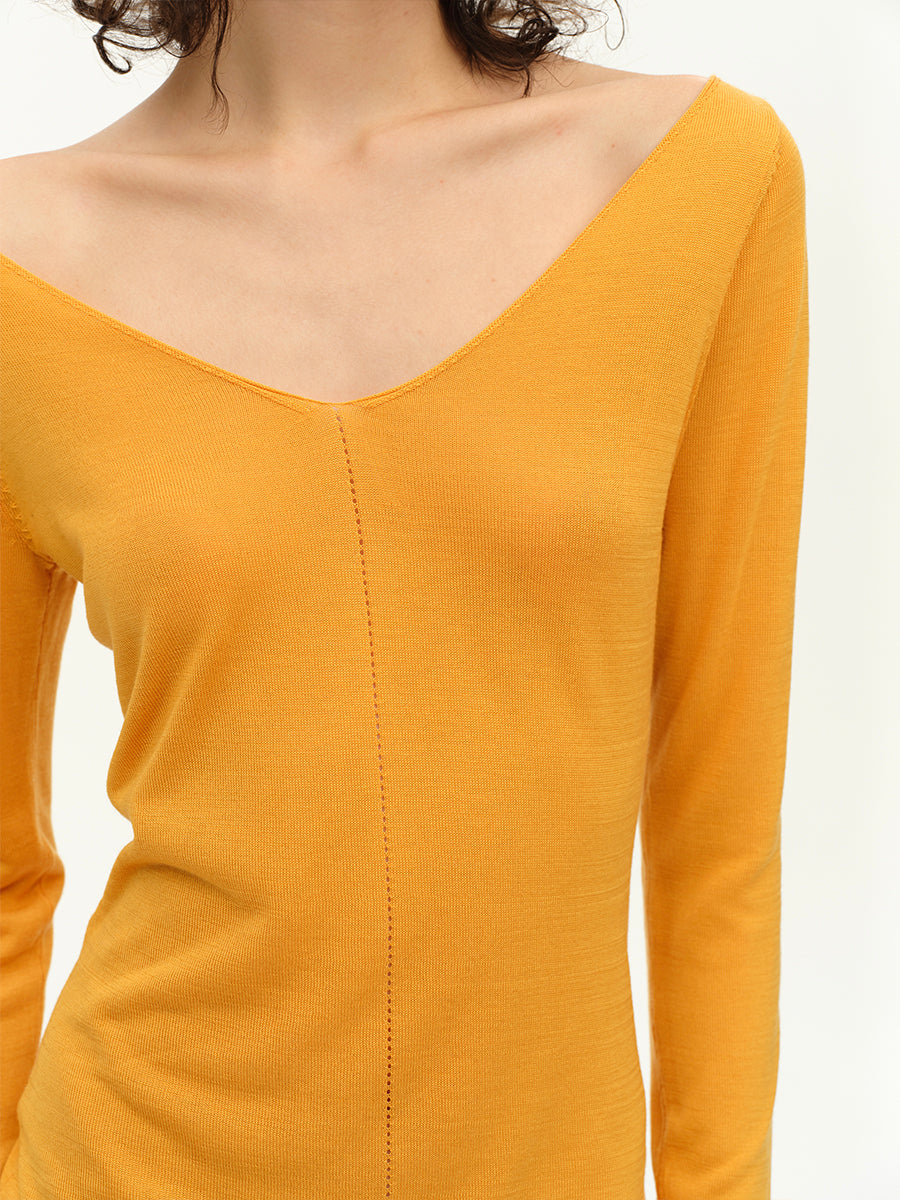 Hughum V-neck Tencel knit cut-out yellow black long sleeves