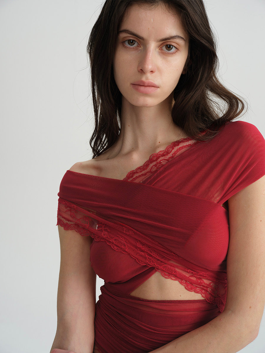 Dotyears Two-tone mesh and lace panelled crossover top