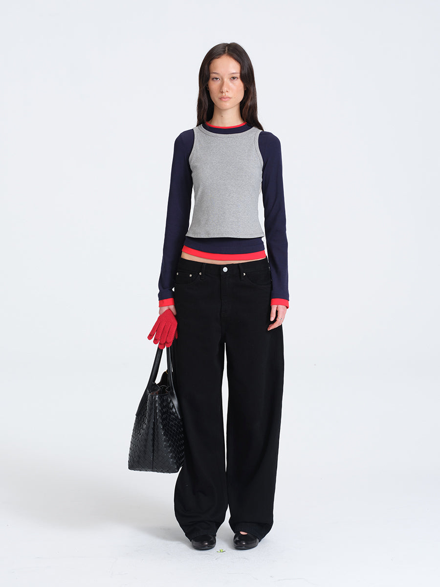 HUGHUM Red and Blue Color-Block Knit T-Shirt