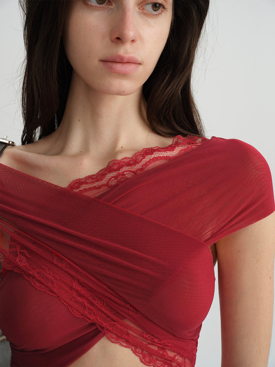 Dotyears Two-tone mesh and lace panelled crossover top