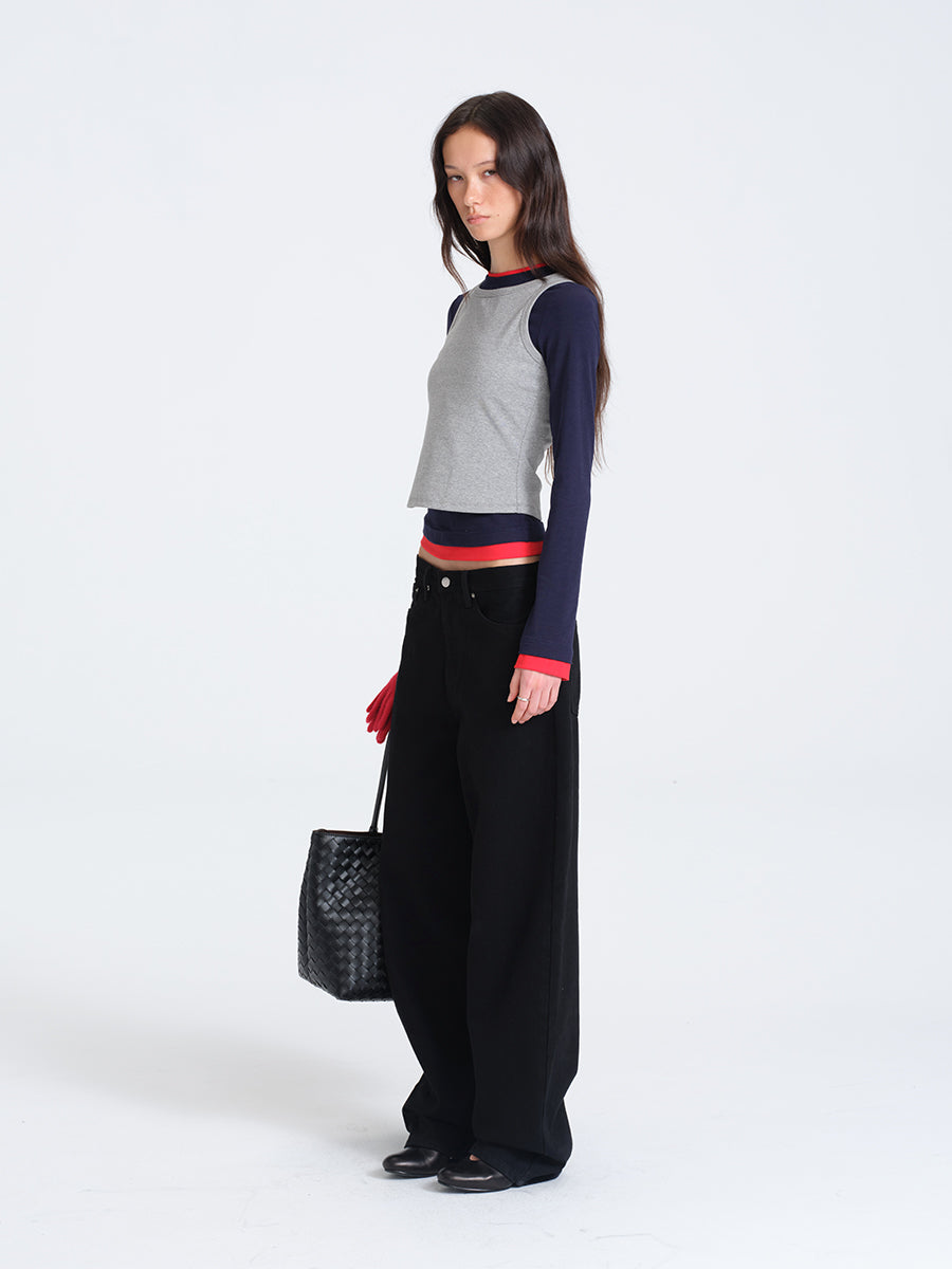 HUGHUM Red and Blue Color-Block Knit T-Shirt