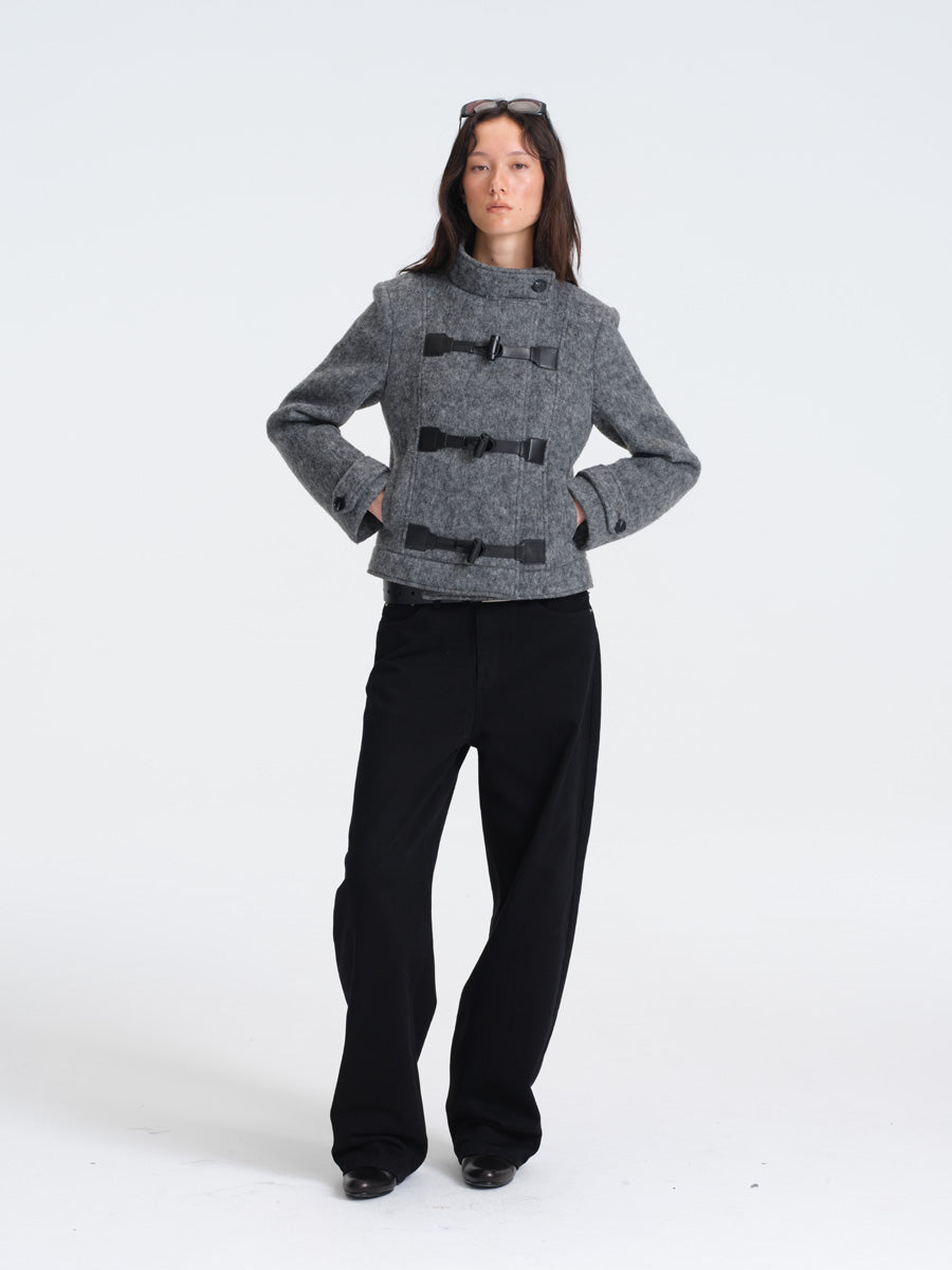 Hughum Gray Wool Coat with Leather Buttons