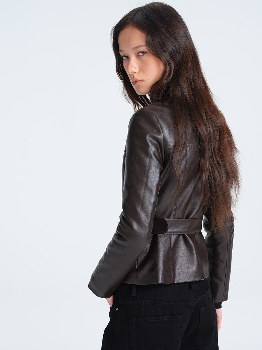 HUGHUM Brown Waisted Leather Jacket