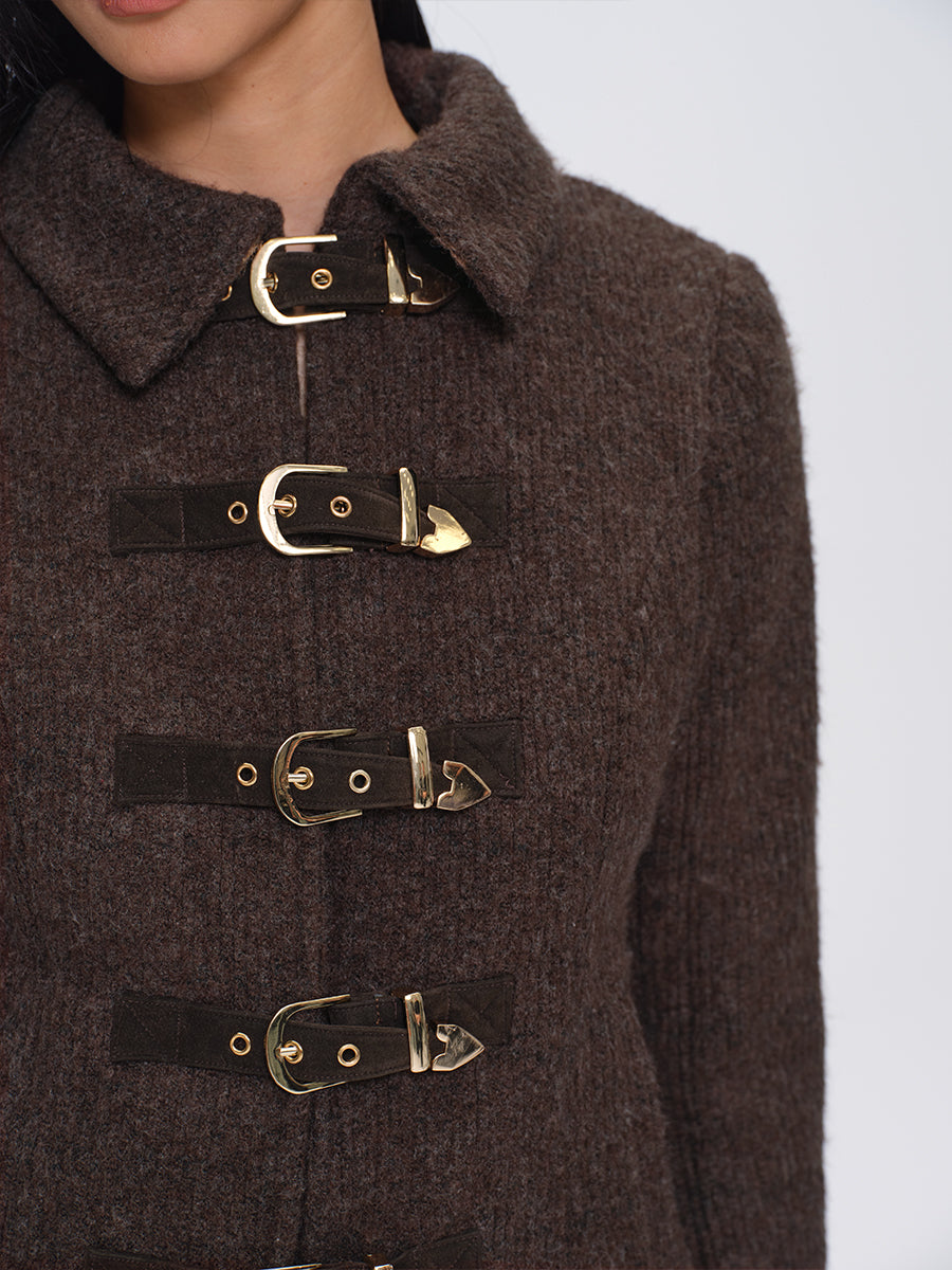 Dotyears Brown Short Wool Coat with Metal Buttons and Special Backing Fabric