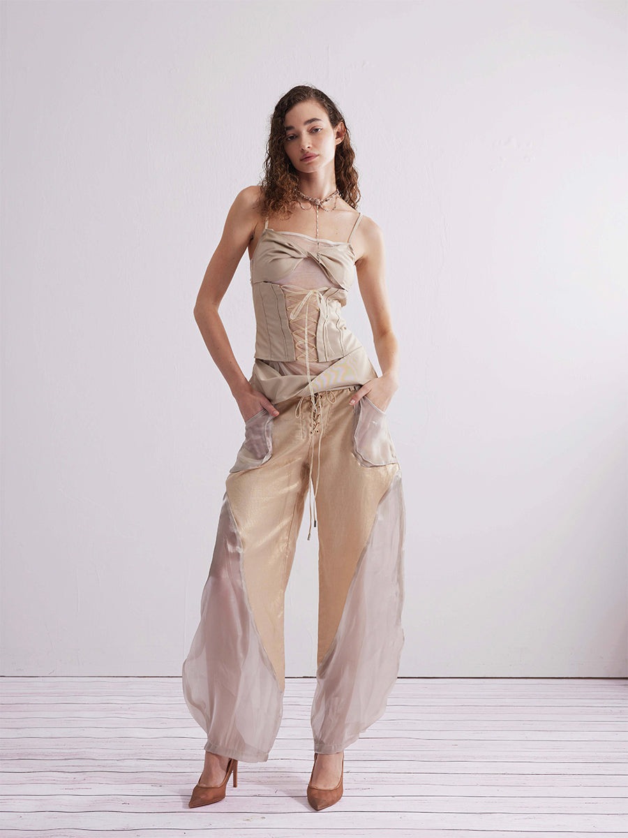 Dotyears24ss Champagne gold-panelled mesh kink set fishtail skirt