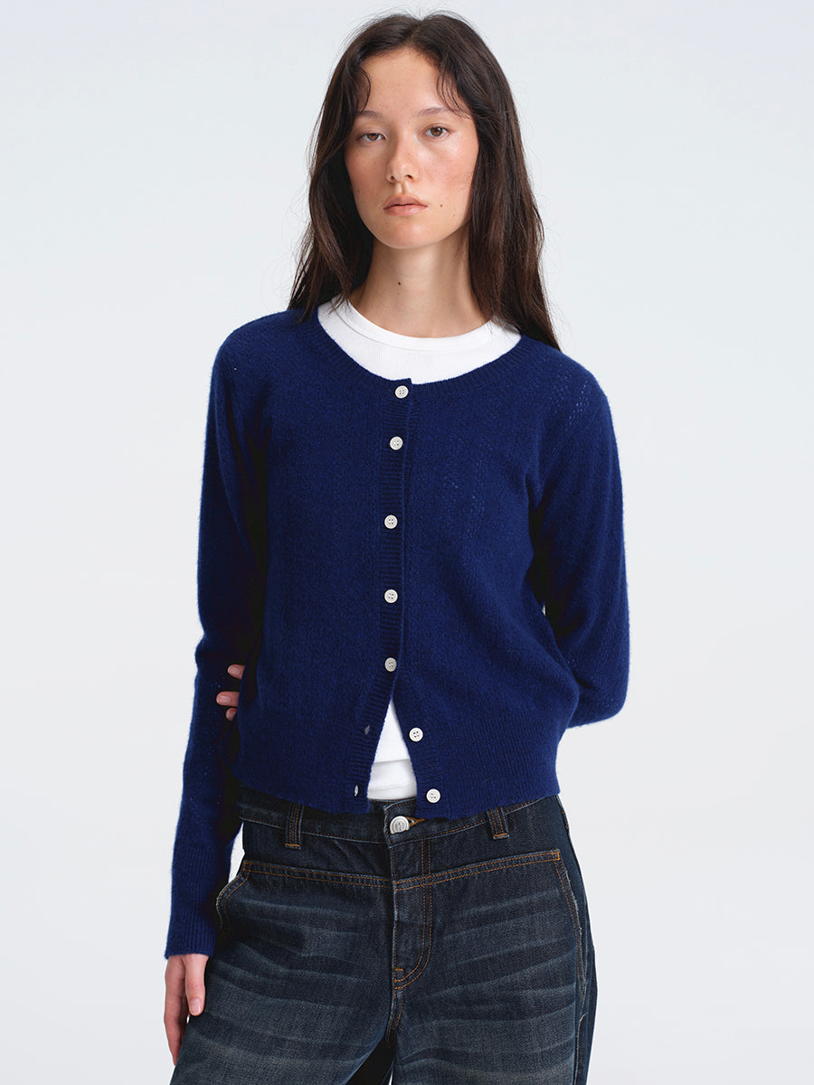 Hughum Navy Blue Openwork Wool Cardigan