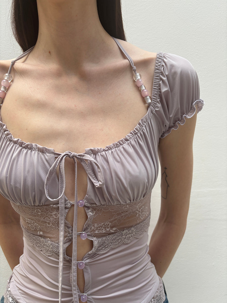 Dotyears Forest Whispers Series - Light-colored lace stitched beaded cardigan