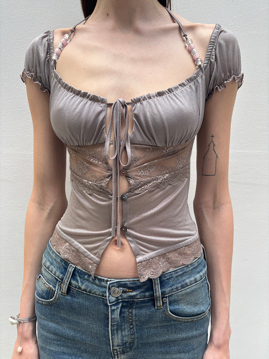 Dotyears Acetate lace panelled beaded cardigan