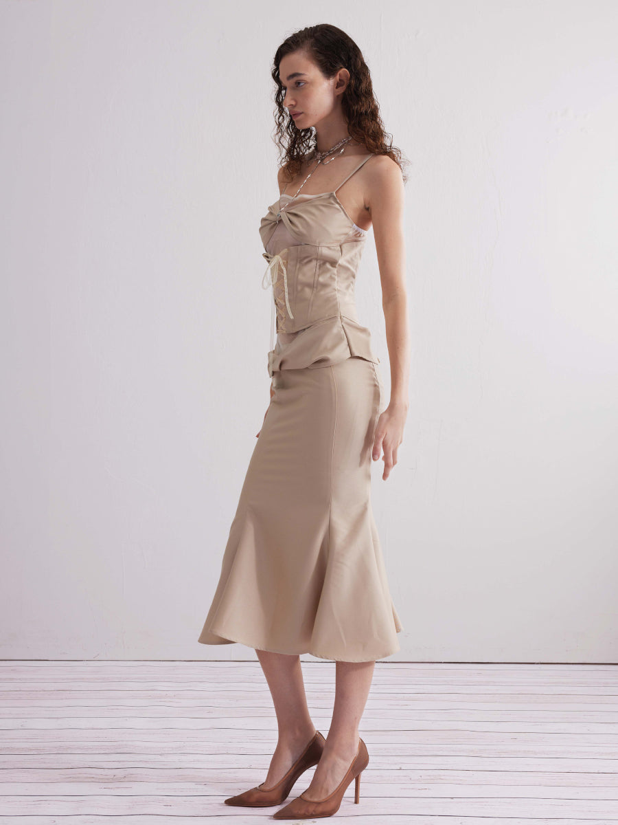 Dotyears24ss Champagne gold-panelled mesh kink set fishtail skirt