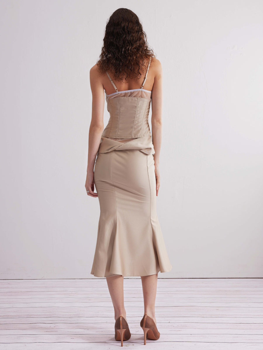 Dotyears24ss Champagne gold-panelled mesh kink set fishtail skirt