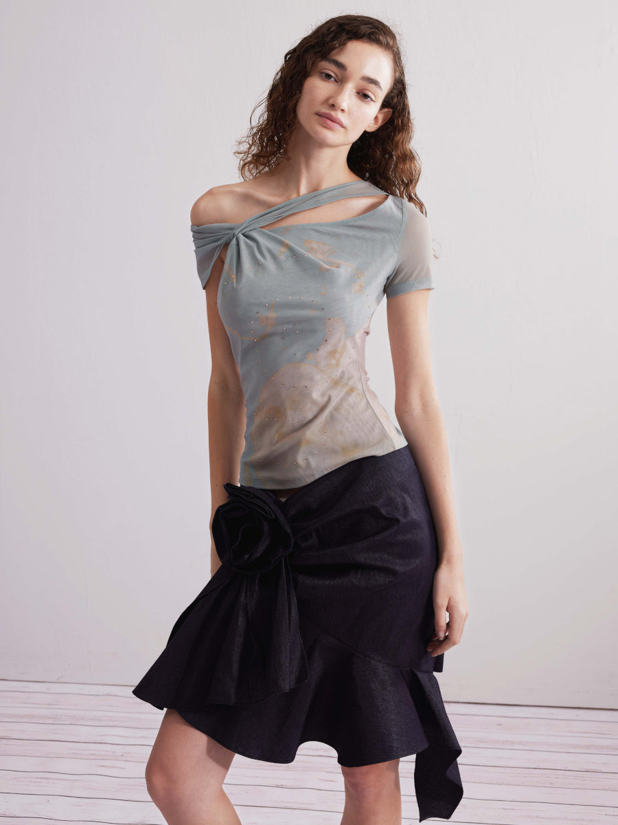 Dotyears24ss Original printed hot diamond mesh top