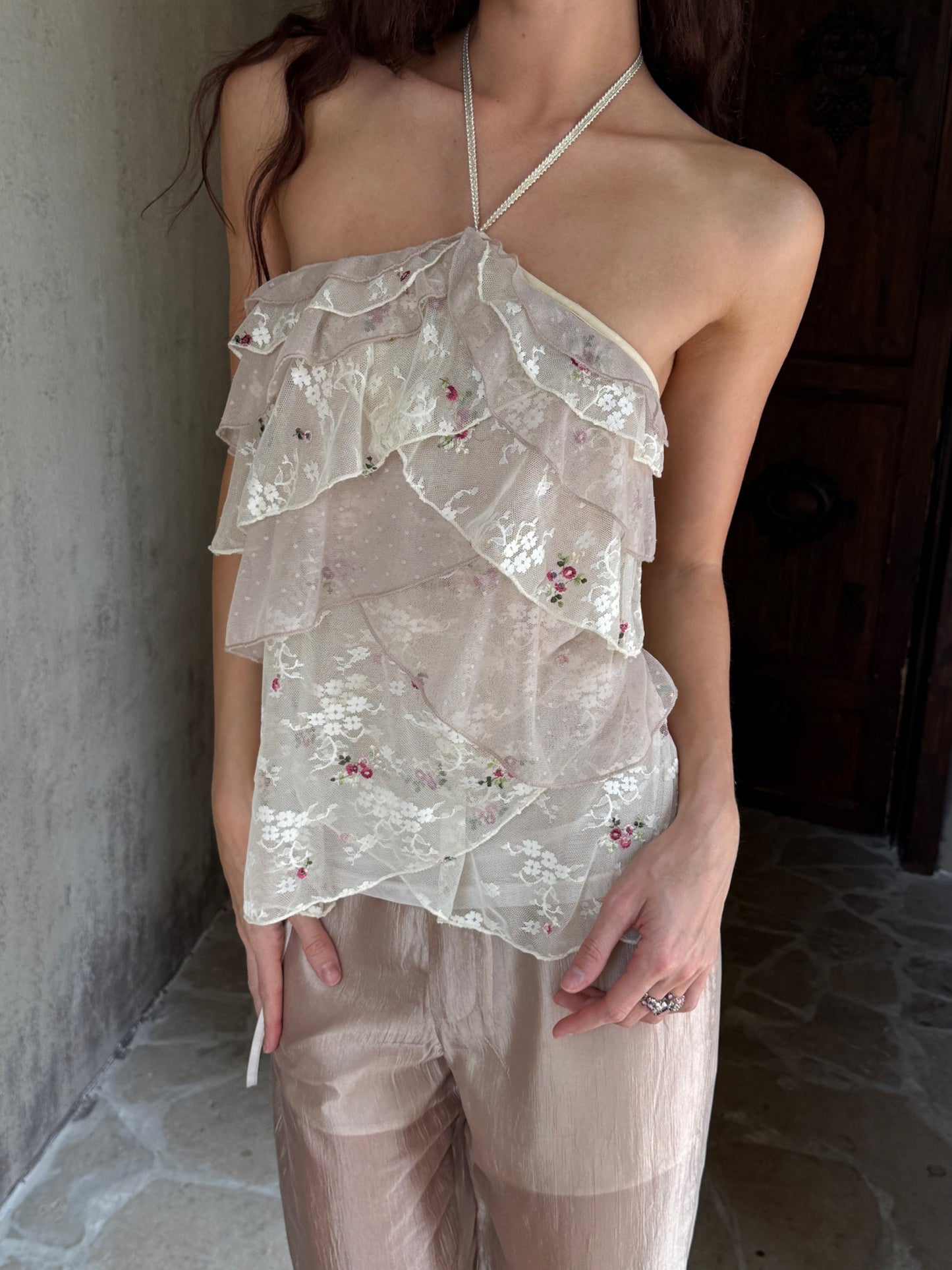 Dotyears Lace Embroidery Fabric Spliced Halter Cami