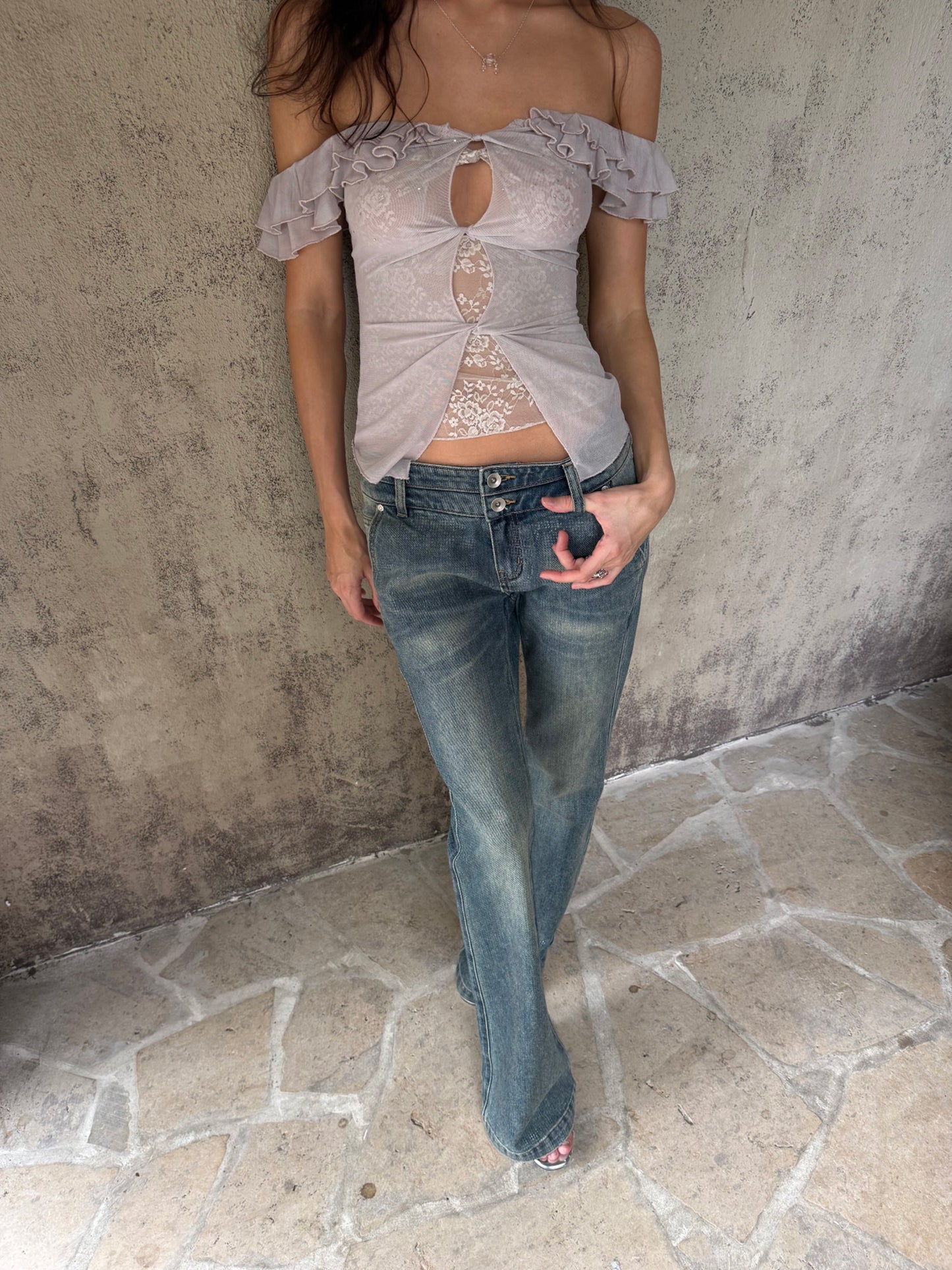 Dotyears Lavender Mock Two-Piece Mesh Top