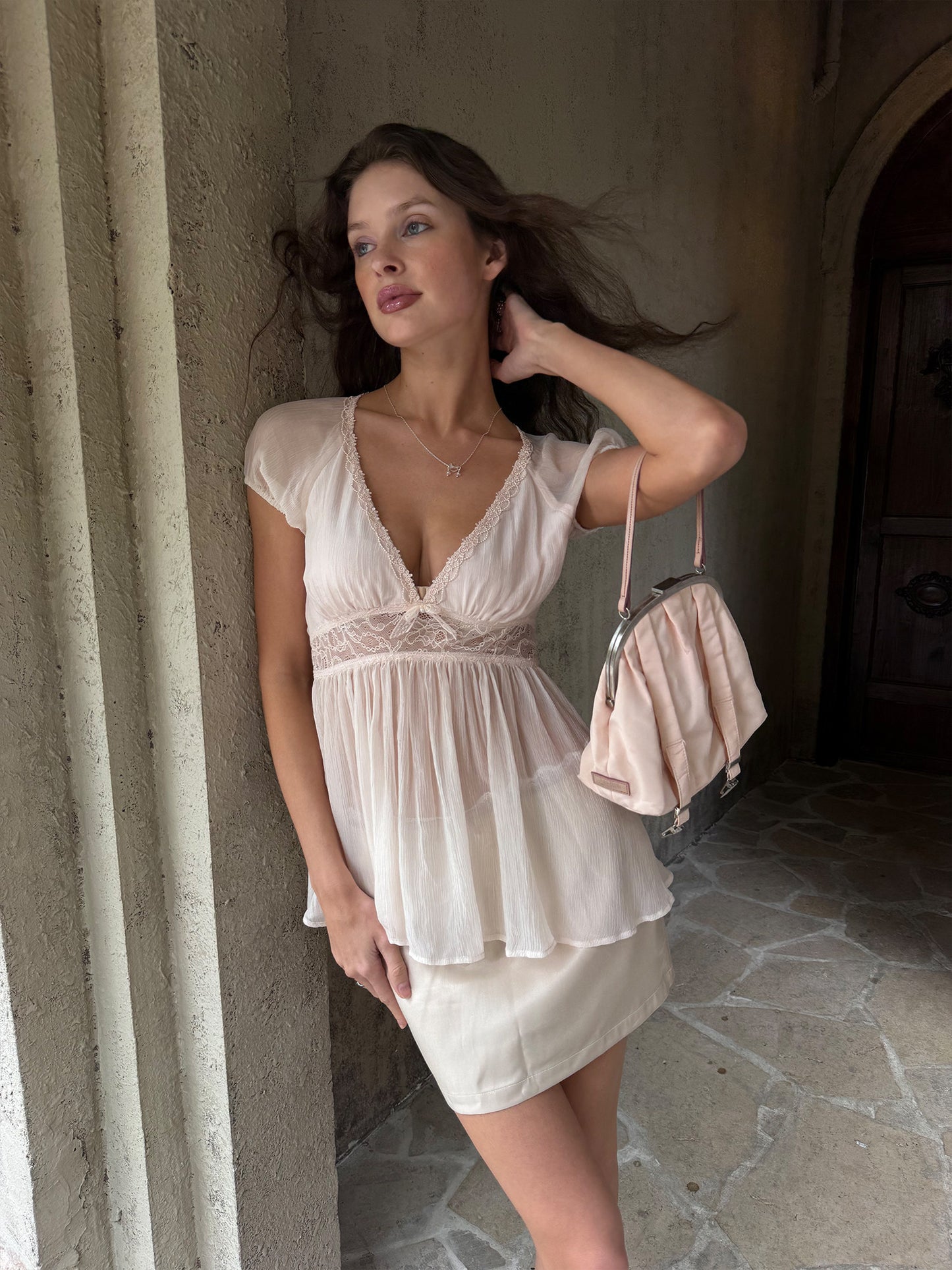 Dotyears Light Pink Spliced Lace Viscose Top