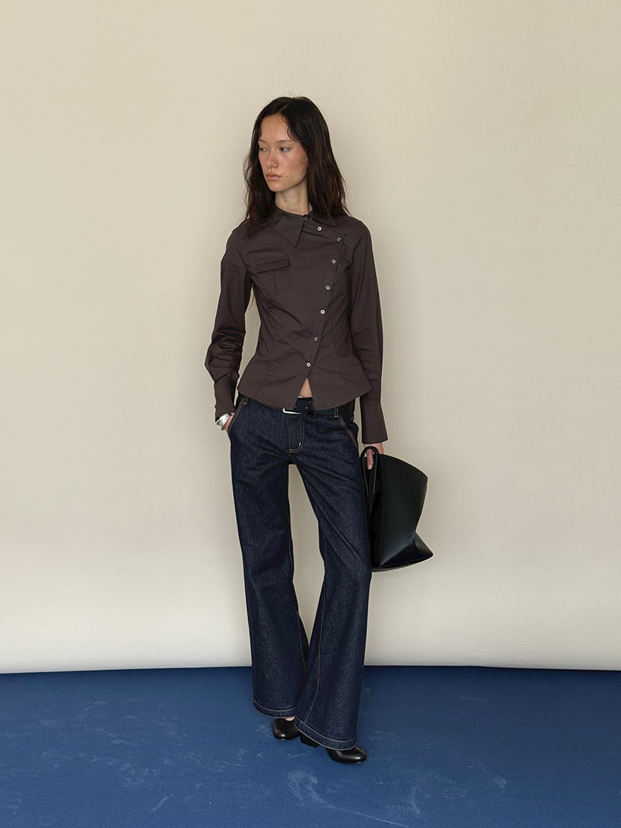 Hughum Café Brown Cotton Shirt with Asymmetric Placket and Waist Tie