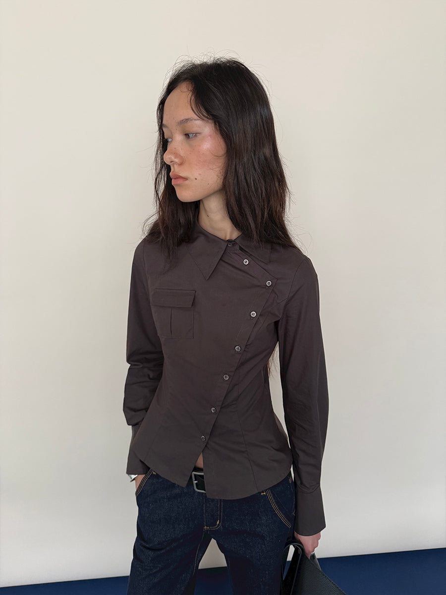 Hughum Café Brown Cotton Shirt with Asymmetric Placket and Waist Tie