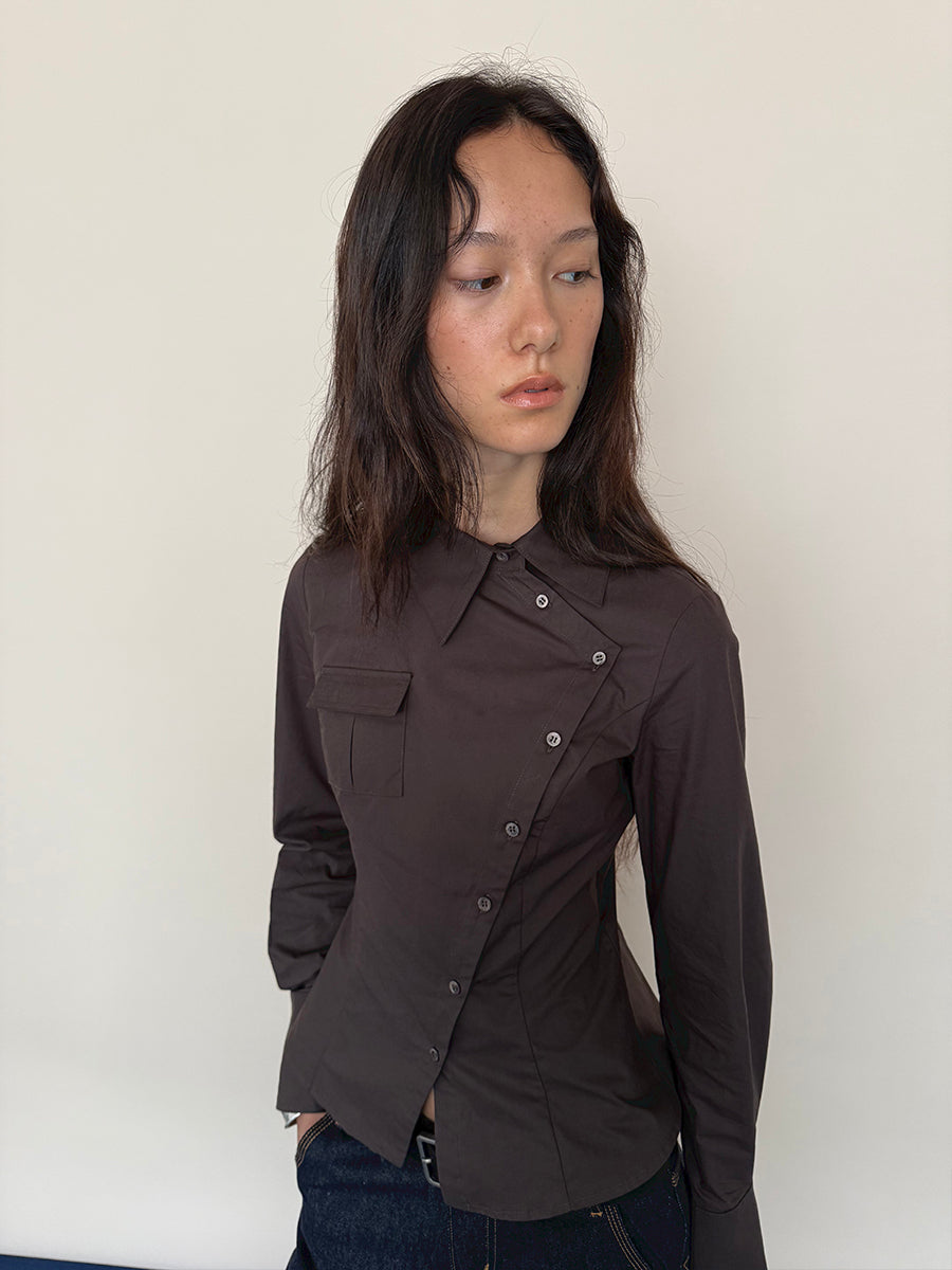 Hughum Café Brown Cotton Shirt with Asymmetric Placket and Waist Tie