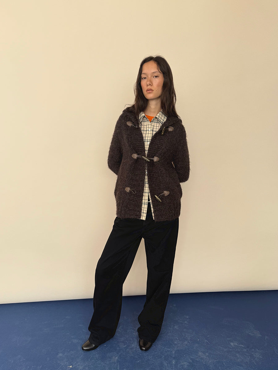 Hughum Café Brown Chunky Knit Sweater with Horn Buttons