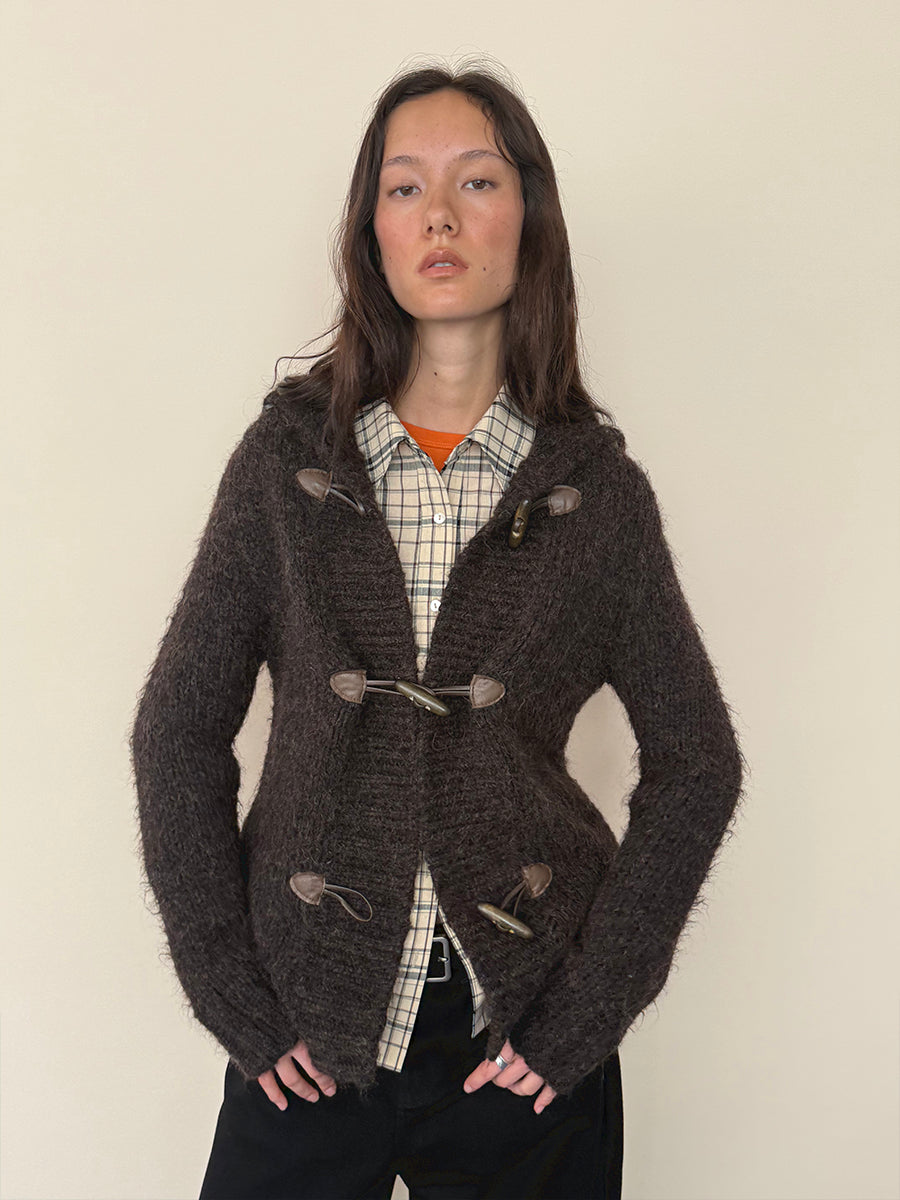 Hughum Café Brown Chunky Knit Sweater with Horn Buttons