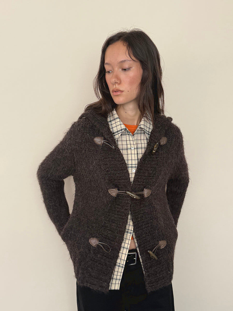 Hughum Café Brown Chunky Knit Sweater with Horn Buttons
