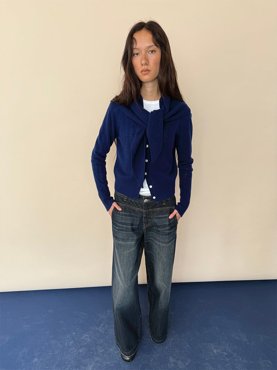 Hughum Navy Blue Openwork Wool Cardigan