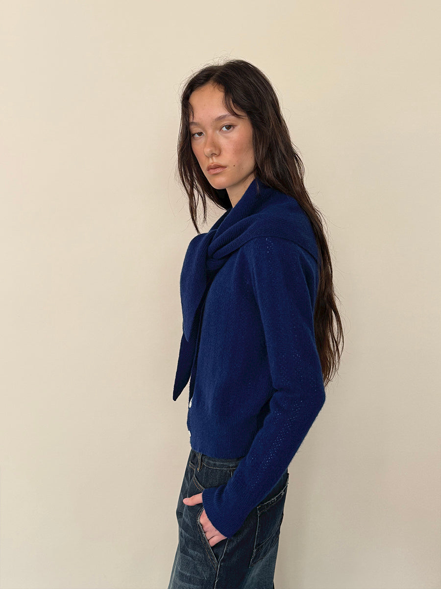 Hughum Navy Blue Openwork Wool Cardigan