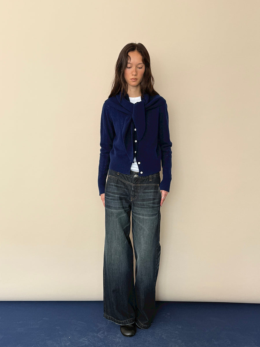 Hughum Navy Blue Openwork Wool Cardigan