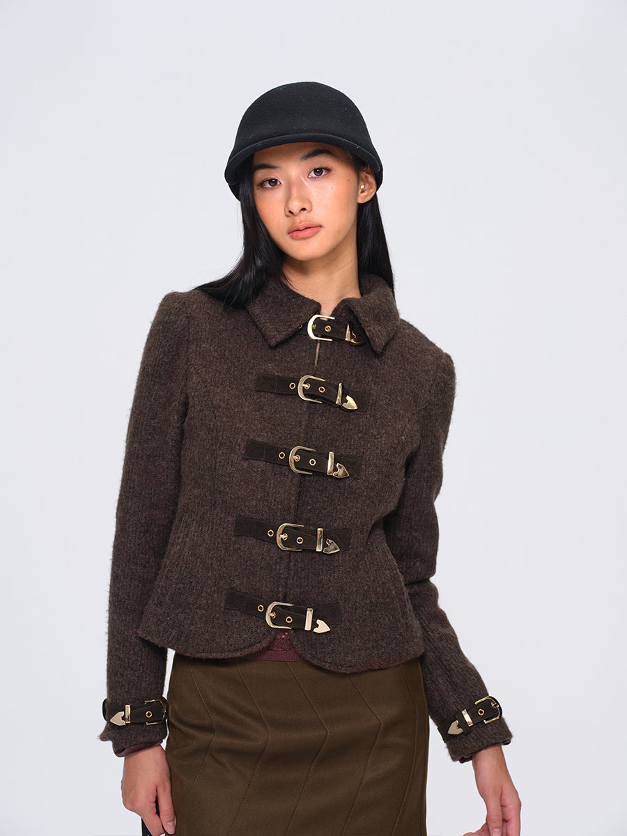 Dotyears Brown Short Wool Coat with Metal Buttons and Special Backing Fabric