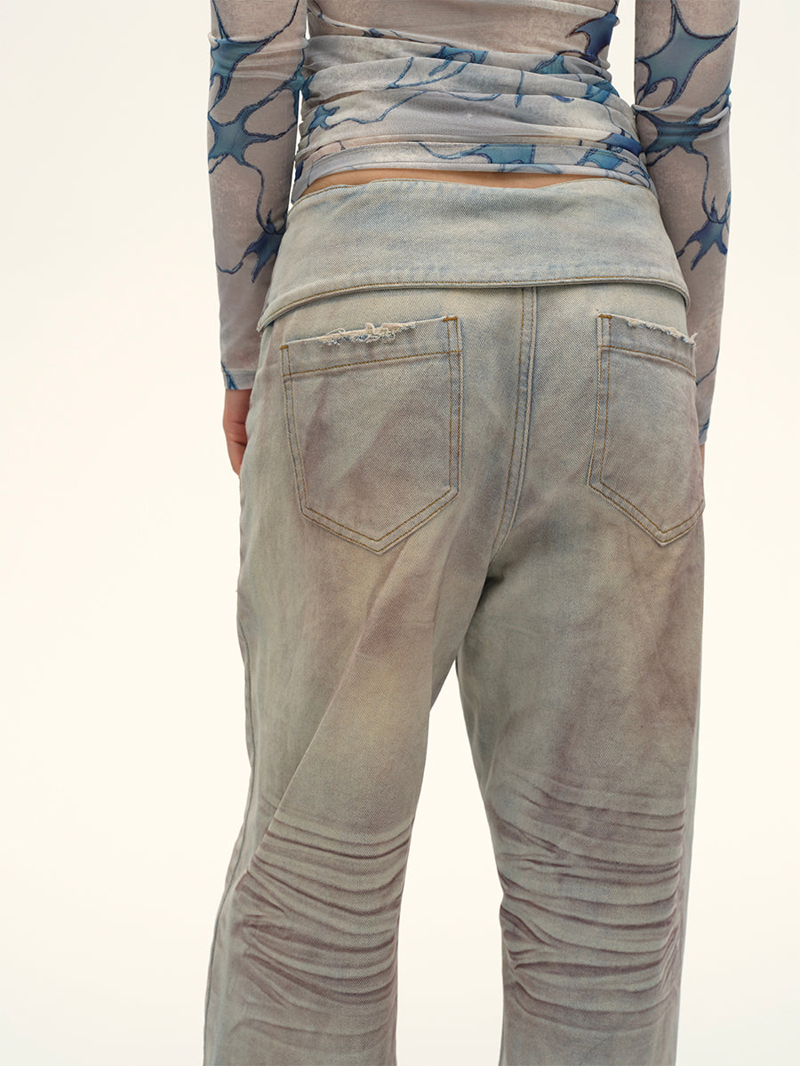 Dotyears24AW Niche original design retro distressed purple gray wide-leg strappy jeans