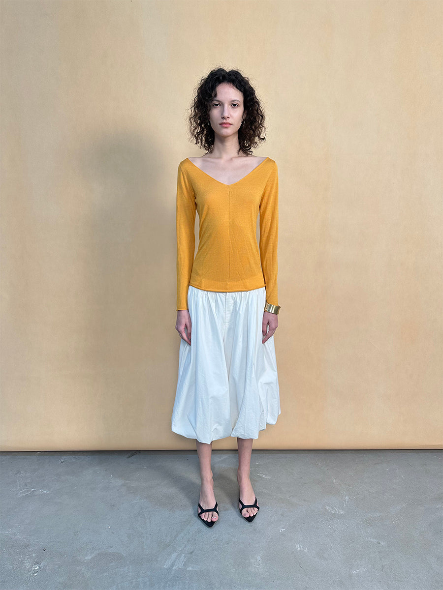 Hughum V-neck Tencel knit cut-out yellow black long sleeves