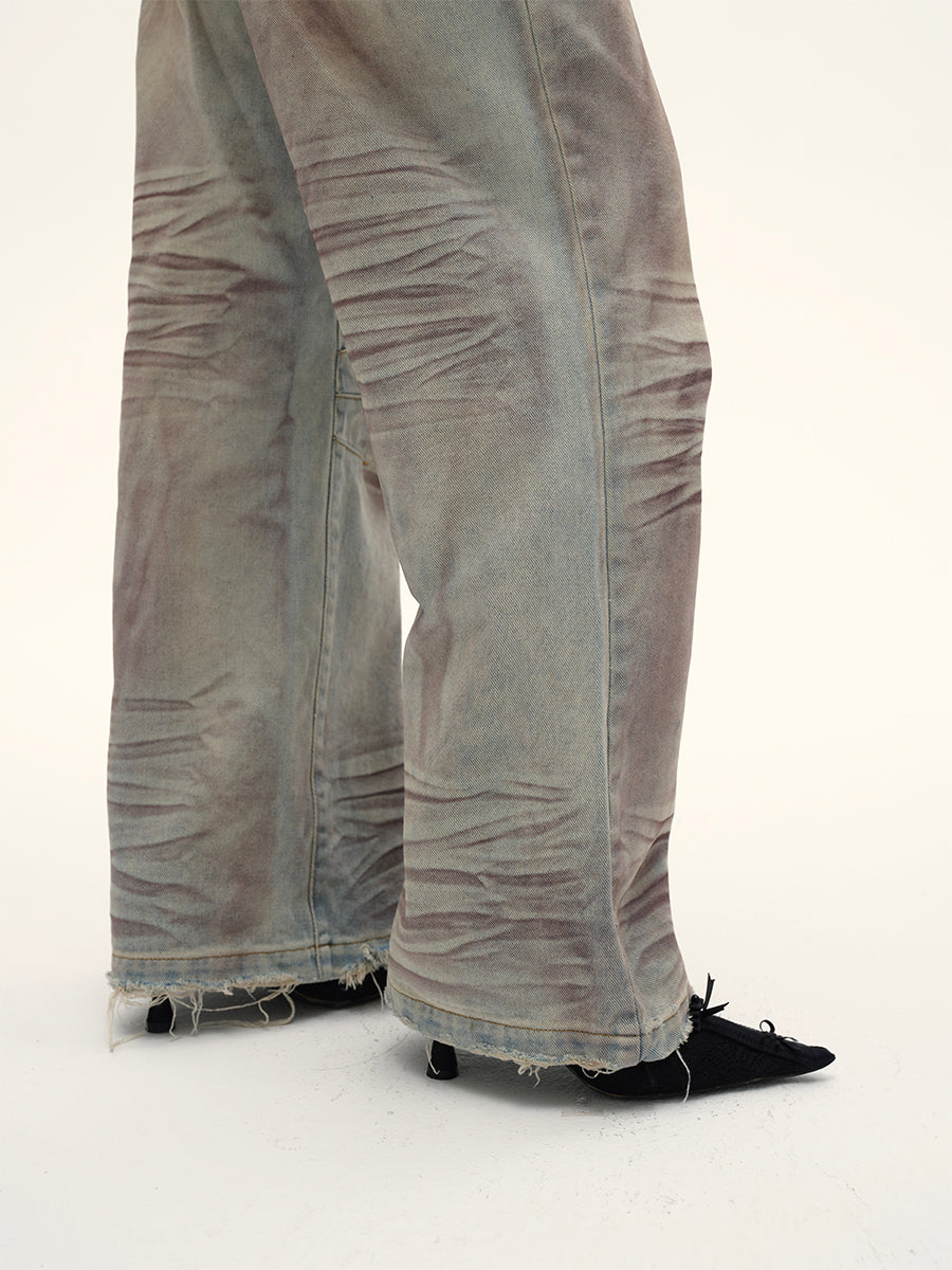 Dotyears24AW Niche original design retro distressed purple gray wide-leg strappy jeans