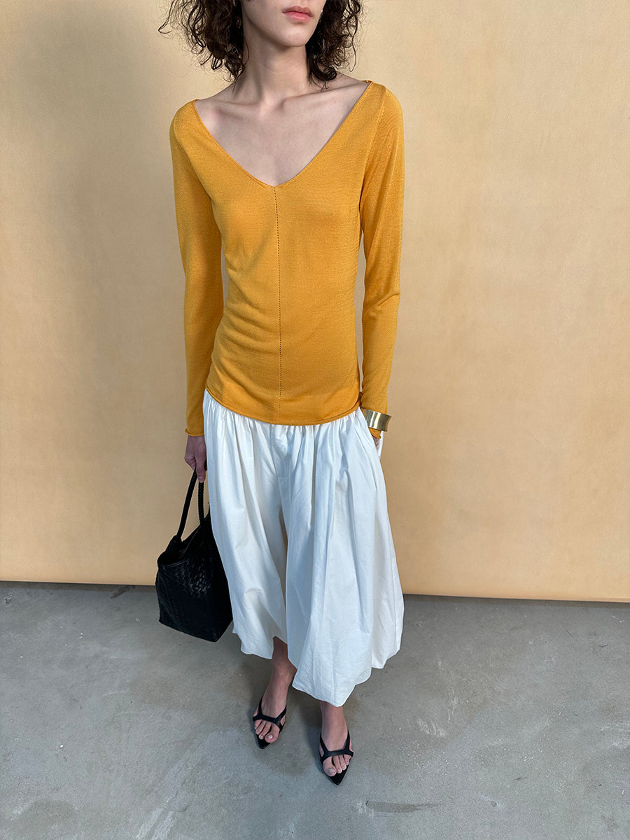 Hughum V-neck Tencel knit cut-out yellow black long sleeves