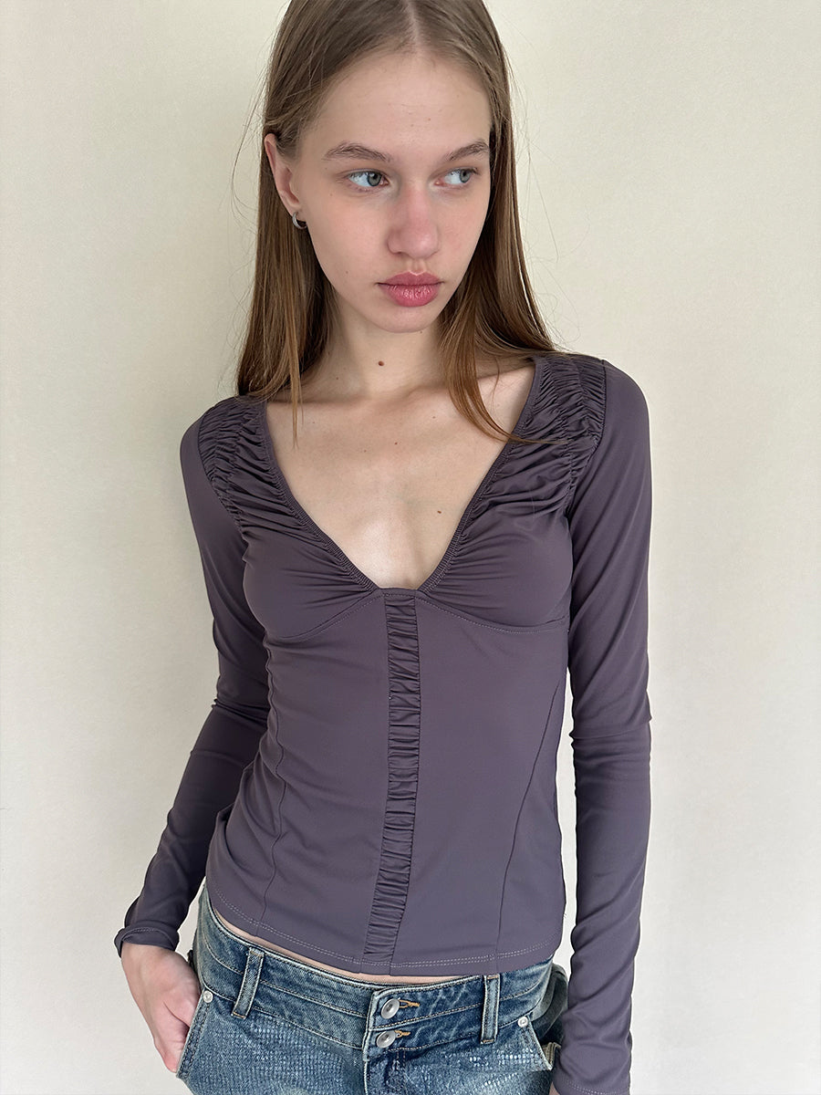 Dotyears Ruffled Plunging Neckline Top in Black & Purple