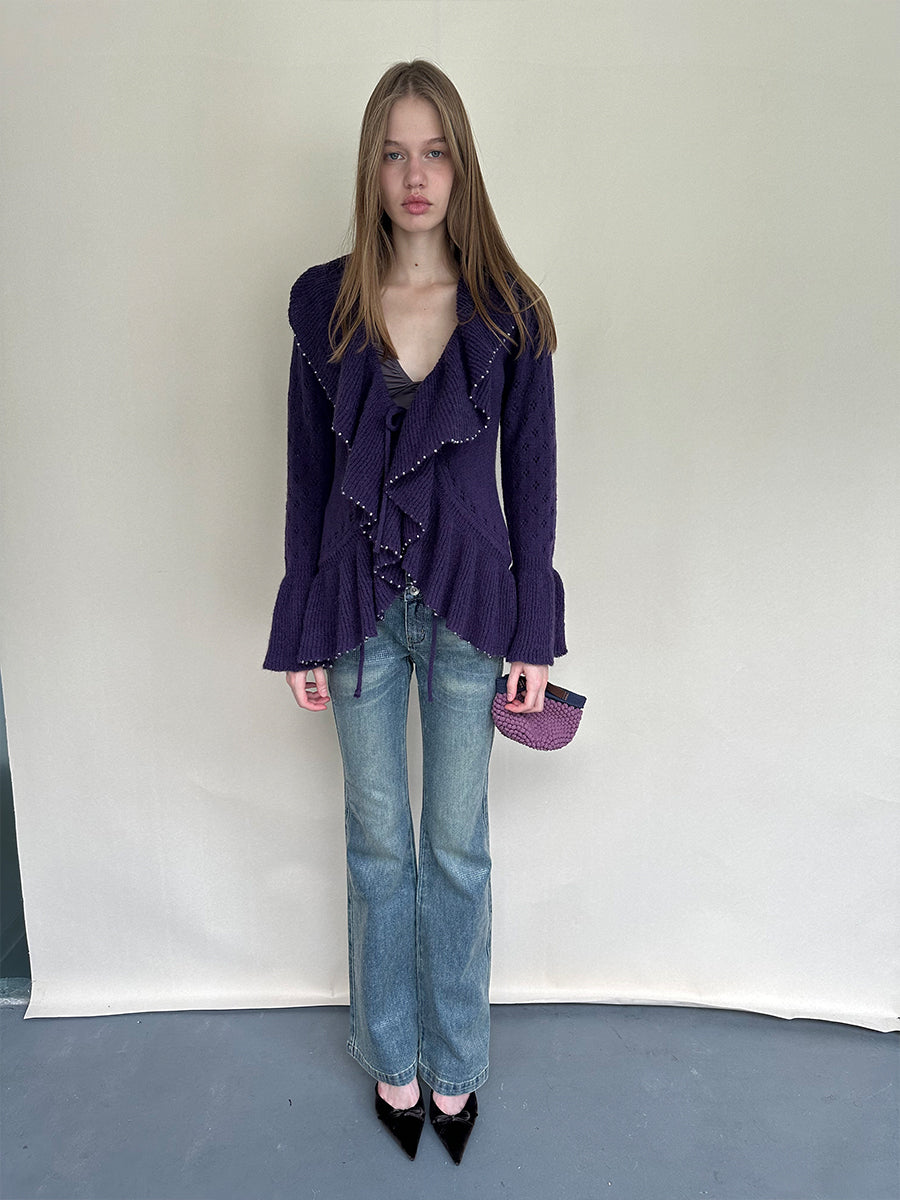 Dotyears Dual-Tone Cut-Out Long Cardigan with Ruffle Tie