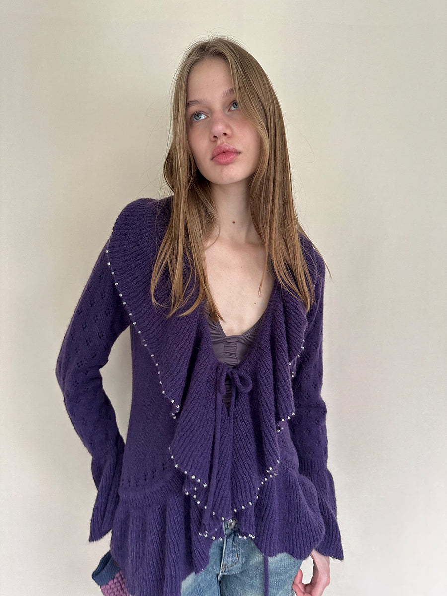 Dotyears Dual-Tone Cut-Out Long Cardigan with Ruffle Tie