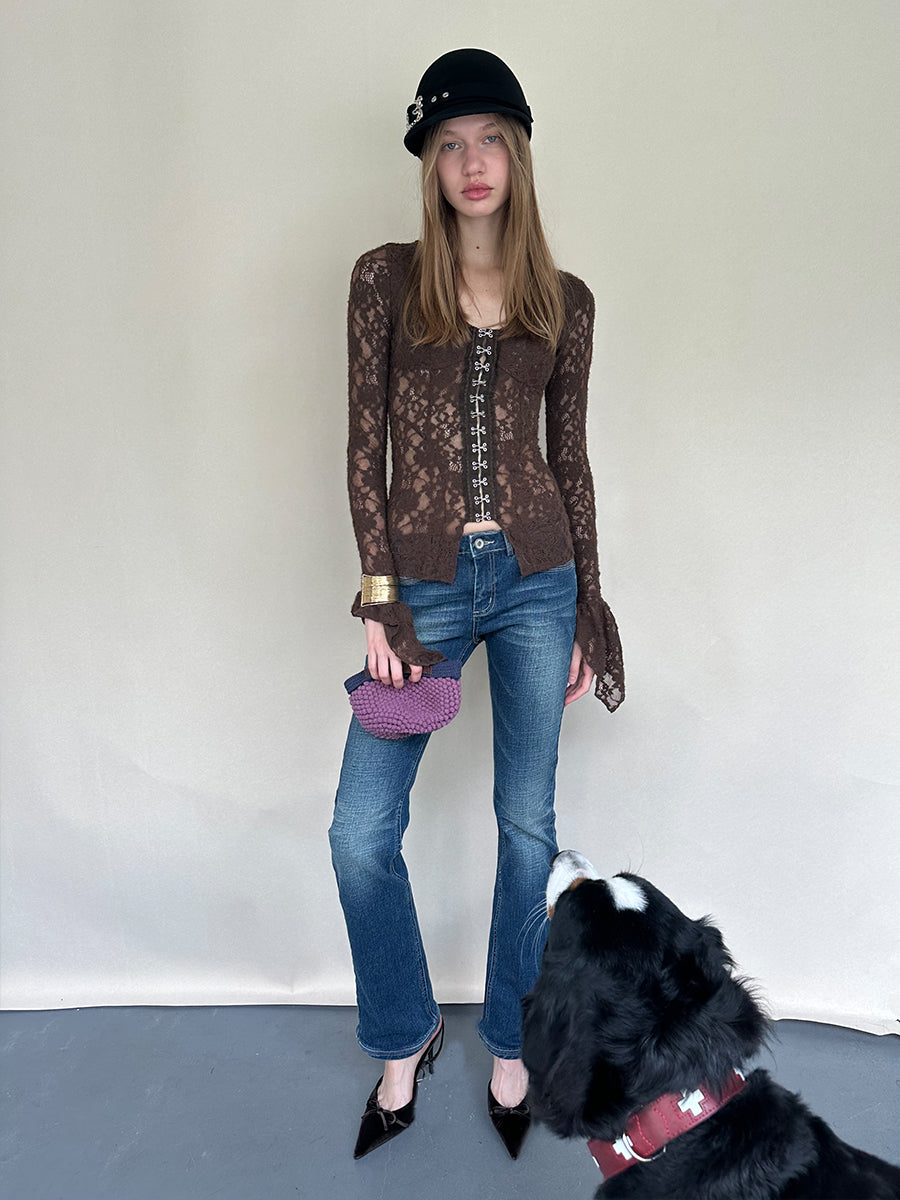 Dotyears Brown Lace-Up Bell Sleeve Cardigan