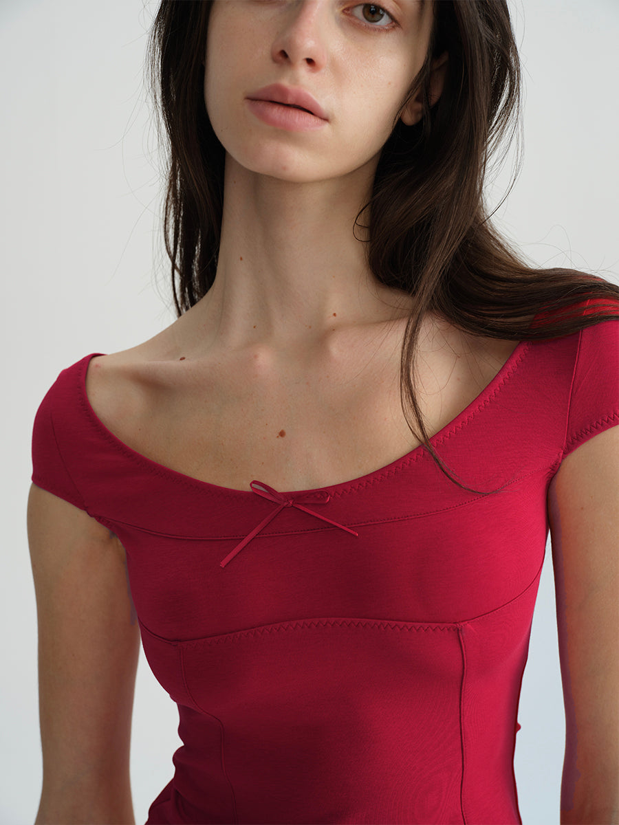 Dotyears Two-tone herringbone scoop neck basic fit slim fit T-shirt