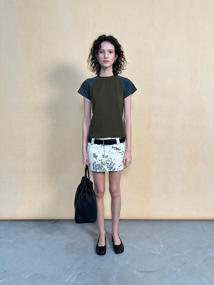 Hughum Raglan Sleeve Color-Blocked Cotton-Feel Short-Sleeve T-Shirt