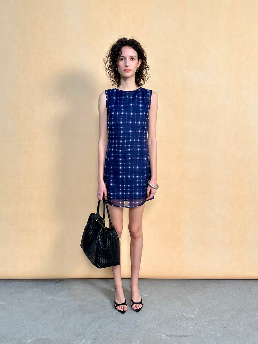 Hughum Purple vintage plaid print mesh turtleneck dress