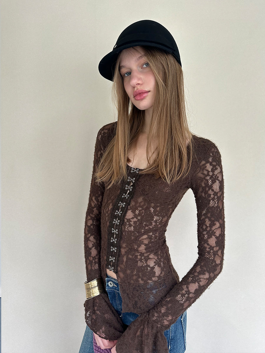 Dotyears Brown Lace-Up Bell Sleeve Cardigan